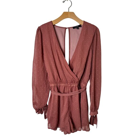 Lulus Closer Look Dusty Rose Mauve Swiss Dot Tie Sleeve Romper Size Small - Picture 2 of 10